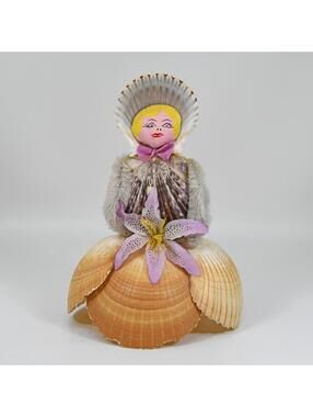 Vintage Handmade Painted Seashell & Pipe Cleaner Doll Figurine Woman Lady 7”